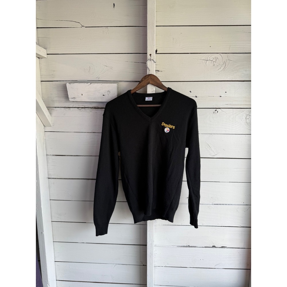 Vintage Pittsburgh Steelers NFL V-Neck Sweater Garan Black Embroidered Mens M